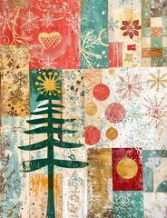 Christmas Card. A painting featuring a stylized pattern in Christmas. Christmas-themed junk journal ephemera page style.