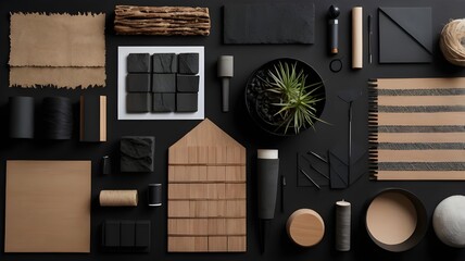 Flat lay composition of creative black architect moodboard with samples of building, textile and natural materials and personal accessories. Top view, black backgroung, template.