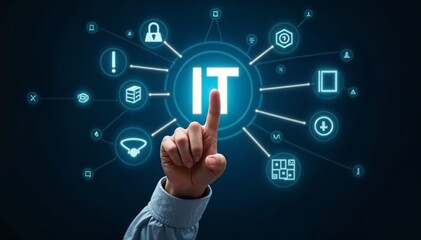 Hand Pointing at IT Icon With Technology Symbols on Digital Background for Technology Promotion
