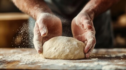 Fototapeta premium Close-Up of Hands Kneading Dough with Flour Swirling, Rustic Baking Scene