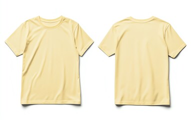 Front and back view mockup of a plain pastel pink tshirt on a white background, displayed side by side, smooth texture, realistic shadow effects, minimalistic design, sharp edges