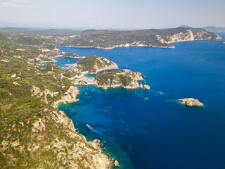 Aerial view of Paleokastrista, popular travel destination in Corfu, Greece, famous place, dreamy summer vibes, Mediterranean riviera views