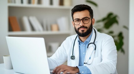 Male doctor working on laptop, consulting with patient in a doctor's office
