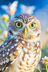 Obraz premium A detailed, close-up shot of an owl’s large, intense eyes