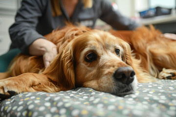 Smiling Woman Bonding with Happy Golden Retriever at Veterinary Clinic