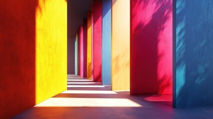 Colorful pillars and shadow patterns on a concrete floor.