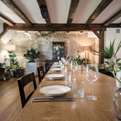 Chic Dining Room with Long Wooden Table