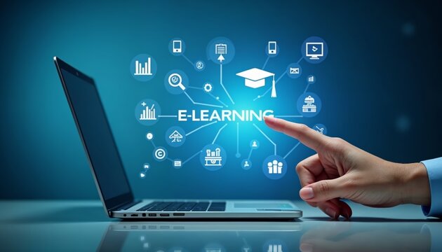 Engaging Laptop Screen with E-Learning Icons Perfect for Online Education Promotion