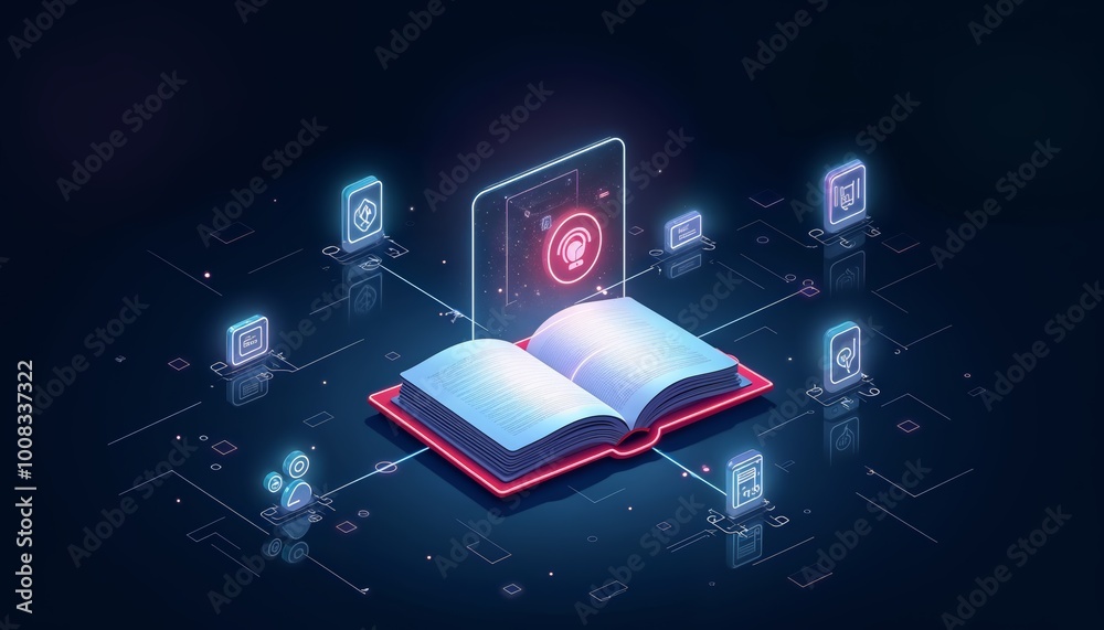 Wall mural large open book with glowing pages surrounded by digital icons representing digital learning and tec