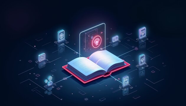 Large Open Book with Glowing Pages Surrounded by Digital Icons Representing Digital Learning and Technology
