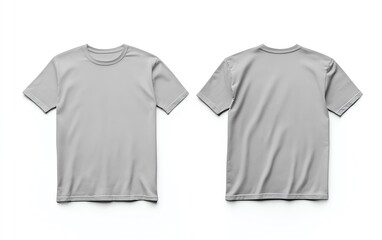 Front and back view mockup of a plain pastel pink tshirt on a white background, displayed side by side, smooth texture, realistic shadow effects, minimalistic design, sharp edges