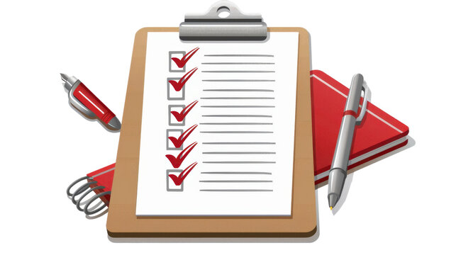 Clipboard with checklist and pen on white background