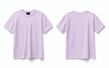 Front and back view mockup of a plain pastel pink tshirt on a white background, displayed side by side, smooth texture, realistic shadow effects, minimalistic design, sharp edges