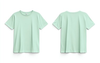 Front and back view mockup of a plain pastel pink tshirt on a white background, displayed side by side, smooth texture, realistic shadow effects, minimalistic design, sharp edges