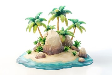 Tropical Island 3D Render   Palm Trees  Rocks  Sand Beach  Blue Water