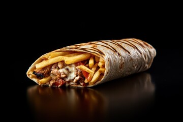 Grilled Beef Wrap with Fries and Cheese. Generative AI.
