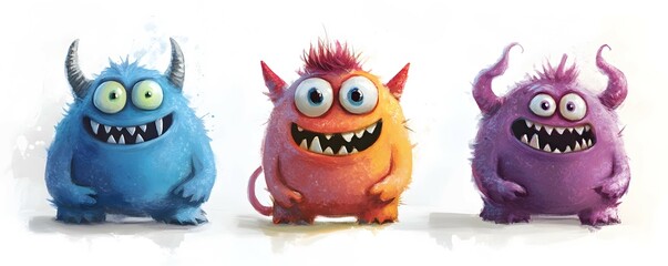Fototapeta premium Three Friendly Cartoon Monsters with Big Smiles and Horns