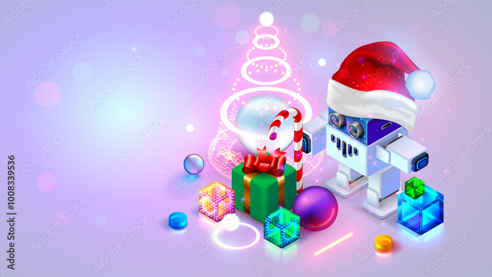 Poster cartoon toy robot in santa claus hat near the christmas tree with gifts. background or greeting card