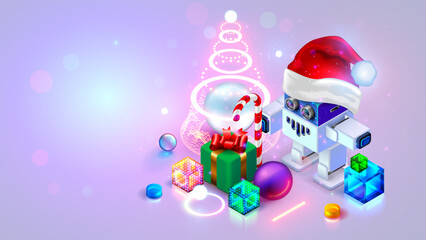 Cartoon toy robot in Santa Claus hat near the Christmas tree with gifts. Background or greeting card for Christmas and New Year for children hobby robotics, programming. DIY kit Robot Santa Claus.