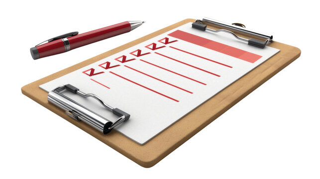 Clipboard with checklist and pen on white background