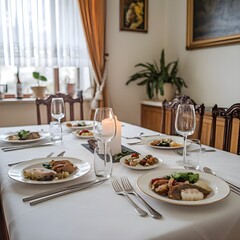 Fototapeta premium Stylish Dining Table Set with White Tablecloth