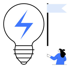 Lightbulb with blue lightning bolt, blue flag, and woman pointing. Ideal for innovation, creativity, idea generation, goals, business strategy. Minimalist modern vector with black, blue, white
