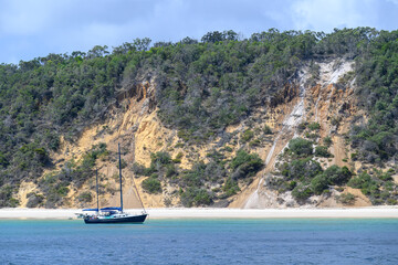 Coloured colored sand cliffs, K'gari Fraser Island, boat beach ocean, national park, tourist...