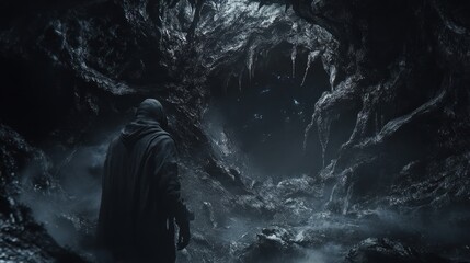 Obraz premium A hooded figure stands in a dark, shadowy cave, looking towards a mysterious opening.