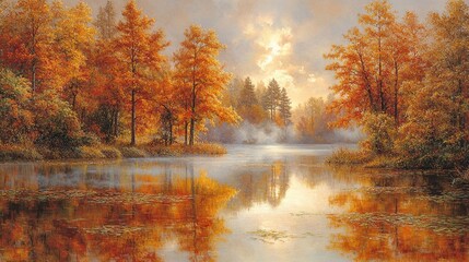Serene autumn landscape with reflective water.