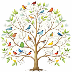 birds on tree on white background