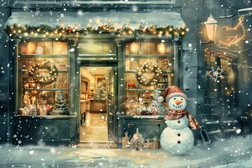 Vintage Watercolor Christmas Scene with Cheerful Snowman in Scarf by a Quaint Snowy Storefront Decorated with Holiday Lights, Soft Muted Colors for a Cozy Handpainted Feel