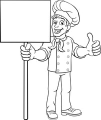 A chef cook or baker man cartoon character giving a thumbs up hand sign and holding a signboard