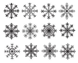 Various shapes and ornaments Black Snowflakes icon set template. Background for home decor, Christmas market, banner, cover, greeting card, web banner, business card. Vector.