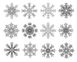 Various shapes and ornaments Black Snowflakes icon set template. Background for home decor, Christmas market, banner, cover, greeting card, web banner, business card. Vector.