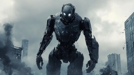 A black robot walks through a destroyed city.