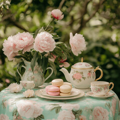 Aesthetic cozy photo serene tea party setup in a garden with a delicate floral tablecloth, fine china teacups with gold trim, a vase of peonies, and a plate of pastel-colored macarons