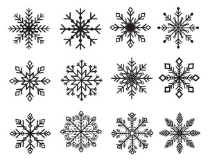 Various shapes and ornaments Black Snowflakes icon set template. Background for home decor, Christmas market, banner, cover, greeting card, web banner, business card. Vector.