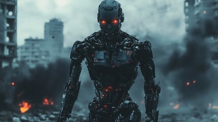 Fototapeta premium A menacing, futuristic robot with glowing red eyes stands amidst a post-apocalyptic city.