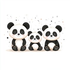 Obraz premium Cute cartoon pandas family illustration featuring three adorable pandas in a playful design, perfect for children's themes.
