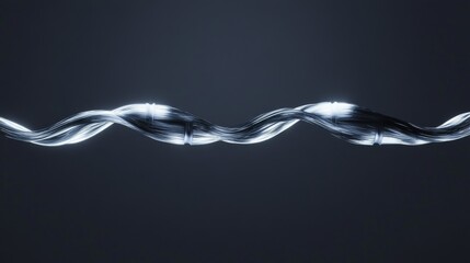 A close-up of a twisting metal cable that is subtly illuminated by glowing light, creating a sleek and futuristic visual. The smooth curves and metallic texture offer a striking contrast against a