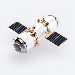 High Altitude Satellite in Detailed Orbit on Neutral Grey Background