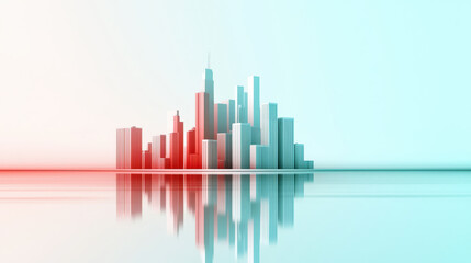 colorful abstract representation of city skyline, featuring tall buildings in shades of red and blue, reflecting beautifully on calm surface. modern design evokes sense of tranquility and creativity