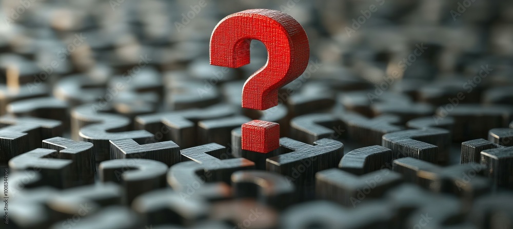 Poster Red question mark. Creative solution and critical thinking. Generative AI technology.	
