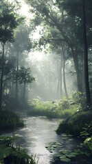 Fototapeta premium Serene forest scene with mist, lush greenery, and a gentle stream.