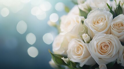 Obraz premium Elegant bouquet of white roses with soft bokeh background, symbolizing love and purity.