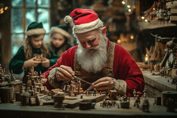 Saint Nicholas and Elves Crafting Toys in Festive Workshop  