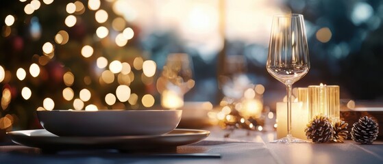 Elegant dining table setting with candles, pinecones, and festive lights in a warm, inviting atmosphere.