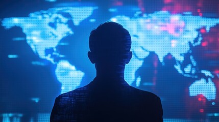 Silhouette of a person standing in front of a blue and red world map.
