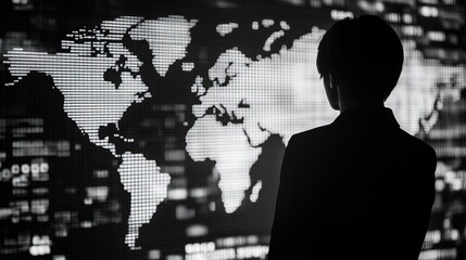 Silhouette of a person looking at a world map displayed on a large screen.