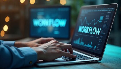 Hands Typing on Laptop with Workflow Displayed - Ideal for Business Process and Productivity Imagery